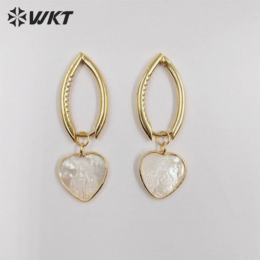 WT-MPE090 WKT Unique Gold Metal Long Hoop Natural Mop Heart Shell Earrings Religion Women Virgin Mary Earrings