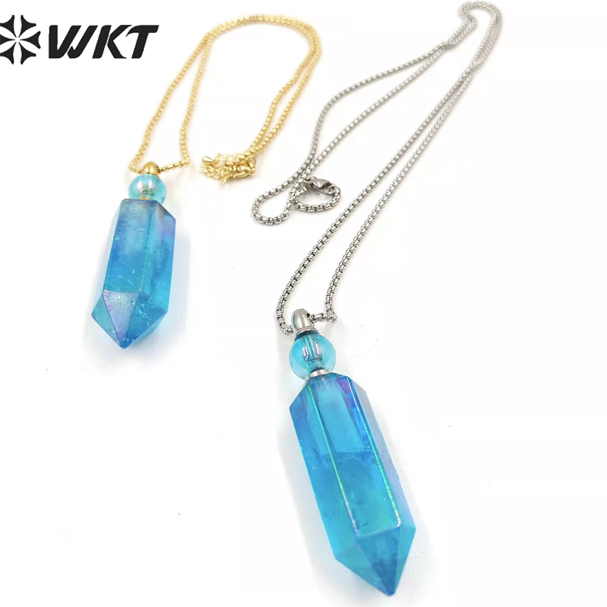 WT-N1366 Natural Spar Aura Plated Crystal Quartz Pendant Dazzling Elegant Necklace for Women Gifts Perfume Bottle Necklace