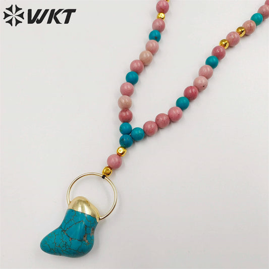 WT-N1410 Newest Fashion Handmade 30 Inch Long Sweater Chain Necklace Women Trendy Hot pink Opal Turquoise Beads Necklace