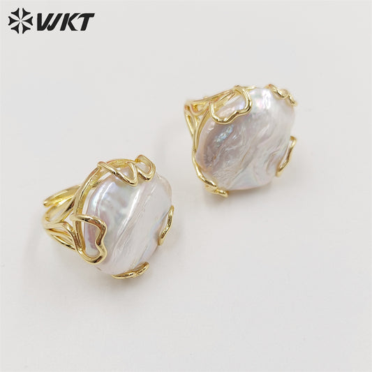WT-MPR044 WKT Exclusive Gorgeous Handmade Claw Setting Natural Freshwater Pearl Ring Open Size Round Coin Pearl Ring