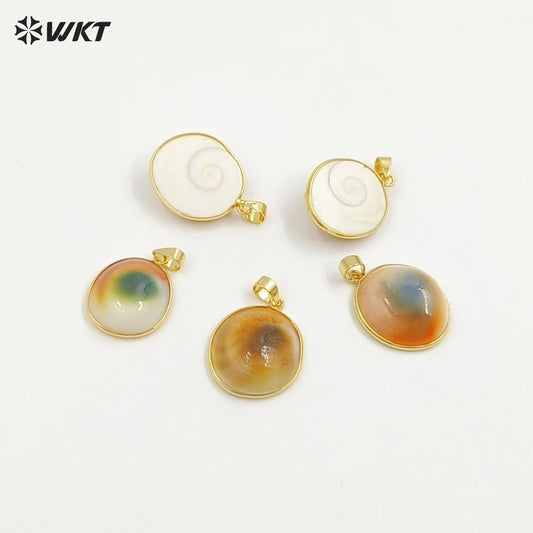 WT-JP409 High Quality Beautiful Small Round Sea Shell Veins Pendant With Gold Plated for Necklace Fashion Jewelry Handmade