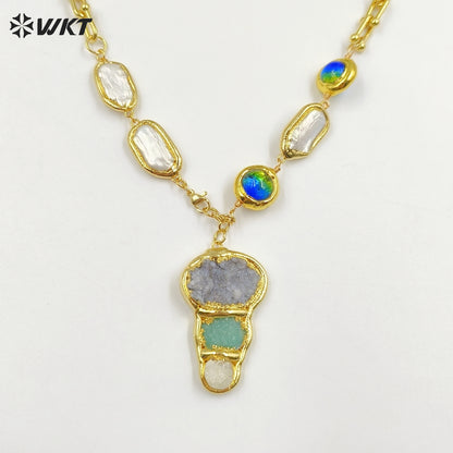 WT-JN257 WKT New Exclusive Design 19 Inch Long Handmade Chain Assemble With Beads Pearl Druzy Agate Pendant Women Necklace