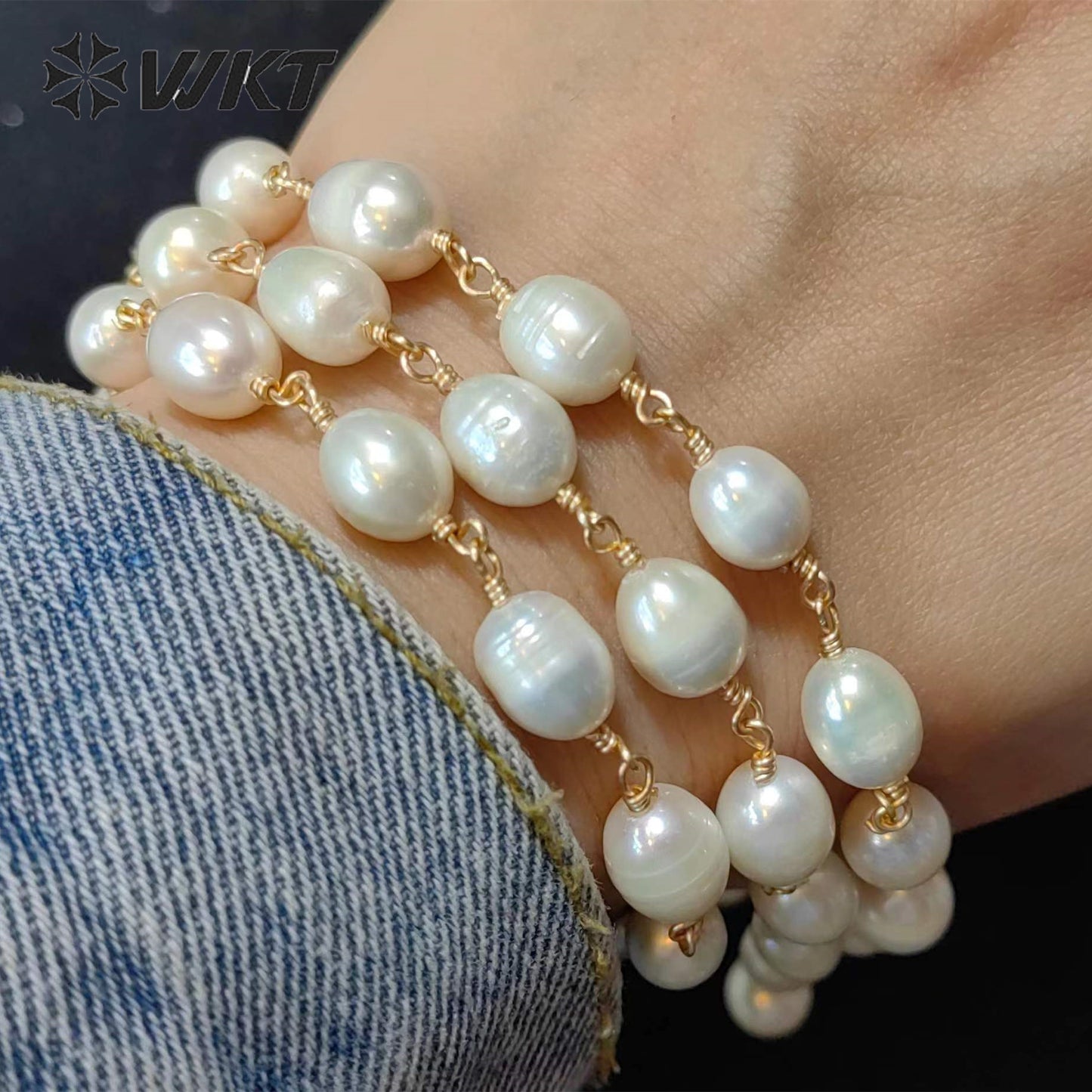 WT-RBC226 Wholesale Elegant Pearl Classic Design Chain for Women Commuter Decoration Sell by Meter Handmade Rice Pearlr Chain