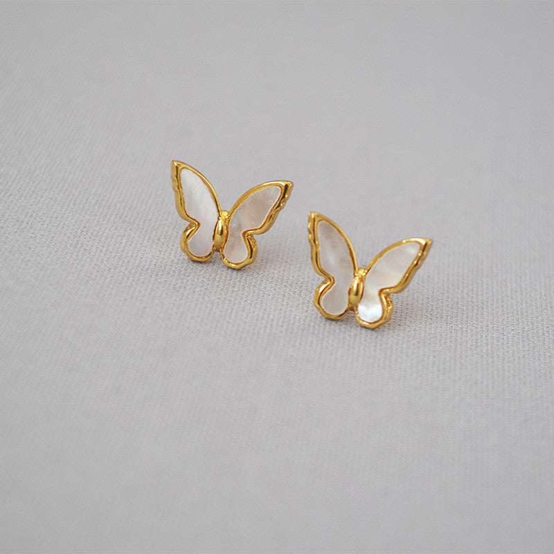 MPE032 Charming Women Gift Stud Earrings White Shell With Gold Electroplated MOP Earrings Push-Back Style butterfly Earrings