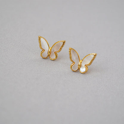 MPE032 Charming Women Gift Stud Earrings White Shell With Gold Electroplated MOP Earrings Push-Back Style butterfly Earrings