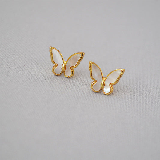 MPE032 Charming Women Gift Stud Earrings White Shell With Gold Electroplated MOP Earrings Push-Back Style butterfly Earrings
