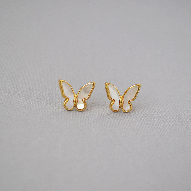 MPE032 Charming Women Gift Stud Earrings White Shell With Gold Electroplated MOP Earrings Push-Back Style butterfly Earrings
