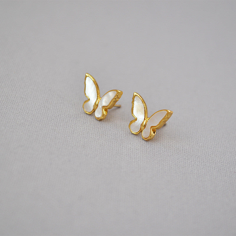 MPE032 Charming Women Gift Stud Earrings White Shell With Gold Electroplated MOP Earrings Push-Back Style butterfly Earrings