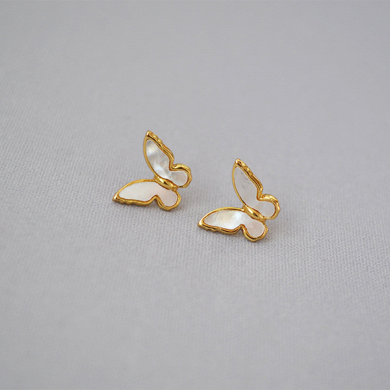 MPE032 Charming Women Gift Stud Earrings White Shell With Gold Electroplated MOP Earrings Push-Back Style butterfly Earrings