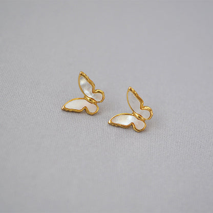 MPE032 Charming Women Gift Stud Earrings White Shell With Gold Electroplated MOP Earrings Push-Back Style butterfly Earrings