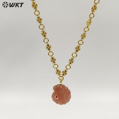 WT-N1507 Fashion Lovely Gold Plated Zircon And Natural Gemstones Carved Trumpet Pendant Necklaces As Women Birthday Gift Jewelry