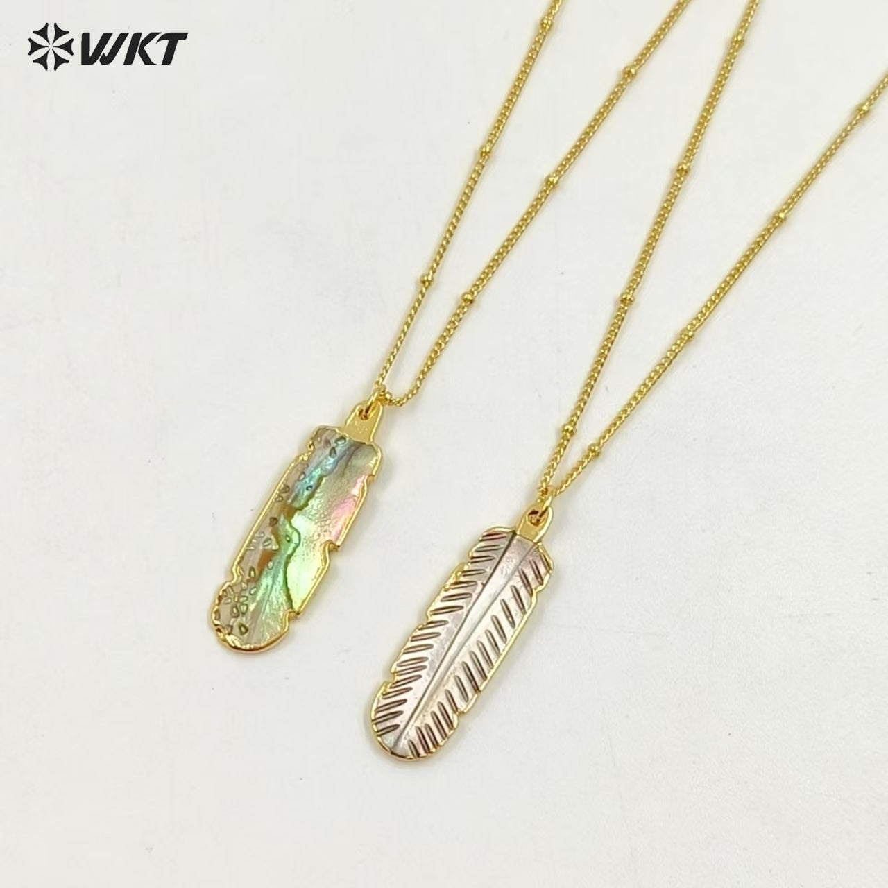 WT-N1081 WKT Wholesale Hot Natural Shell Carved Feather Charming 18k Real Gold Plated Cable Beaded Link Chain Shell Necklace