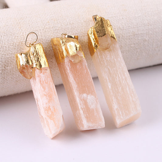 WT-P1908 New Material Natural pink Selenite Pendant with Charms Decorative Gold Plated on Top Long Jewelry Stone Pendant