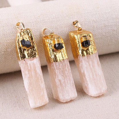 WT-P1908 New Material Natural pink Selenite Pendant with Charms Decorative Gold Plated on Top Long Jewelry Stone Pendant