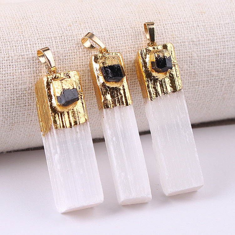 WT-P1908 New Material Natural pink Selenite Pendant with Charms Decorative Gold Plated on Top Long Jewelry Stone Pendant