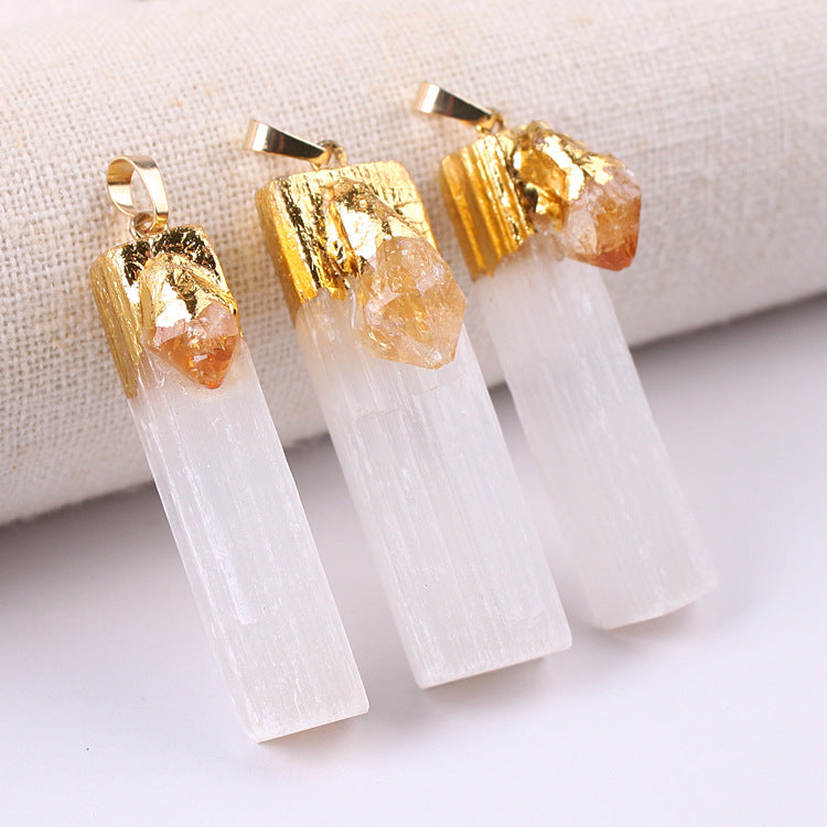 WT-P1908 New Material Natural pink Selenite Pendant with Charms Decorative Gold Plated on Top Long Jewelry Stone Pendant