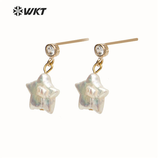 WT-E531 Wholesale New Design Lovely Natural Baroque Pearl Earring Natural Pearl Baroque Style Star Pendant Earring