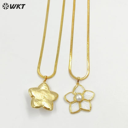 WT-JN326 Wholesale Romantic Necklace Gold Plated Flower Shape Pendant with Shell and Pearl Jewelry Gift for Ladies Party