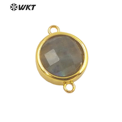WT-C307 Wholesale Fashion Small Round Gold Bezel Jewelry Connectors Delicate Double Loops Natural Gemstone Charms in 12mm