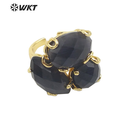 WT-R420 Europe Court style colorful Cat Eye stone Ring 18k real gold plated triple stone Flower Ring with Prong setting