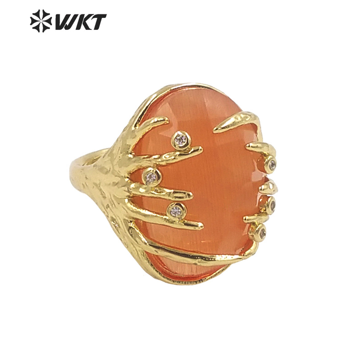 WT-R453 Wholesale Fashion Gold Bezel Claw Setting Oval Stone Ring Women Unique Trendy Cat Eye Stone Made Jewelry Party Ring