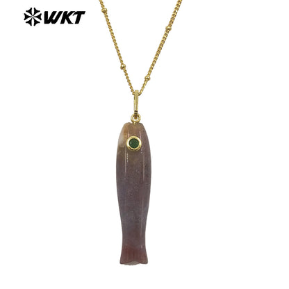 WT-N1535 Charming Trendy Natural Gemstones Little Fish Shape Gold Pendant Necklaces As Female Party Birthday Jewelry Gifts