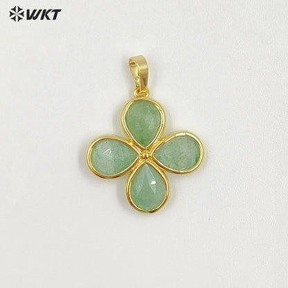 WT-P2031 Romantic Lovely Gold Plated Lucky Four Leaves Clover Flowers Shape Natural Gemstone Pendants For Ladies Necklace DIY