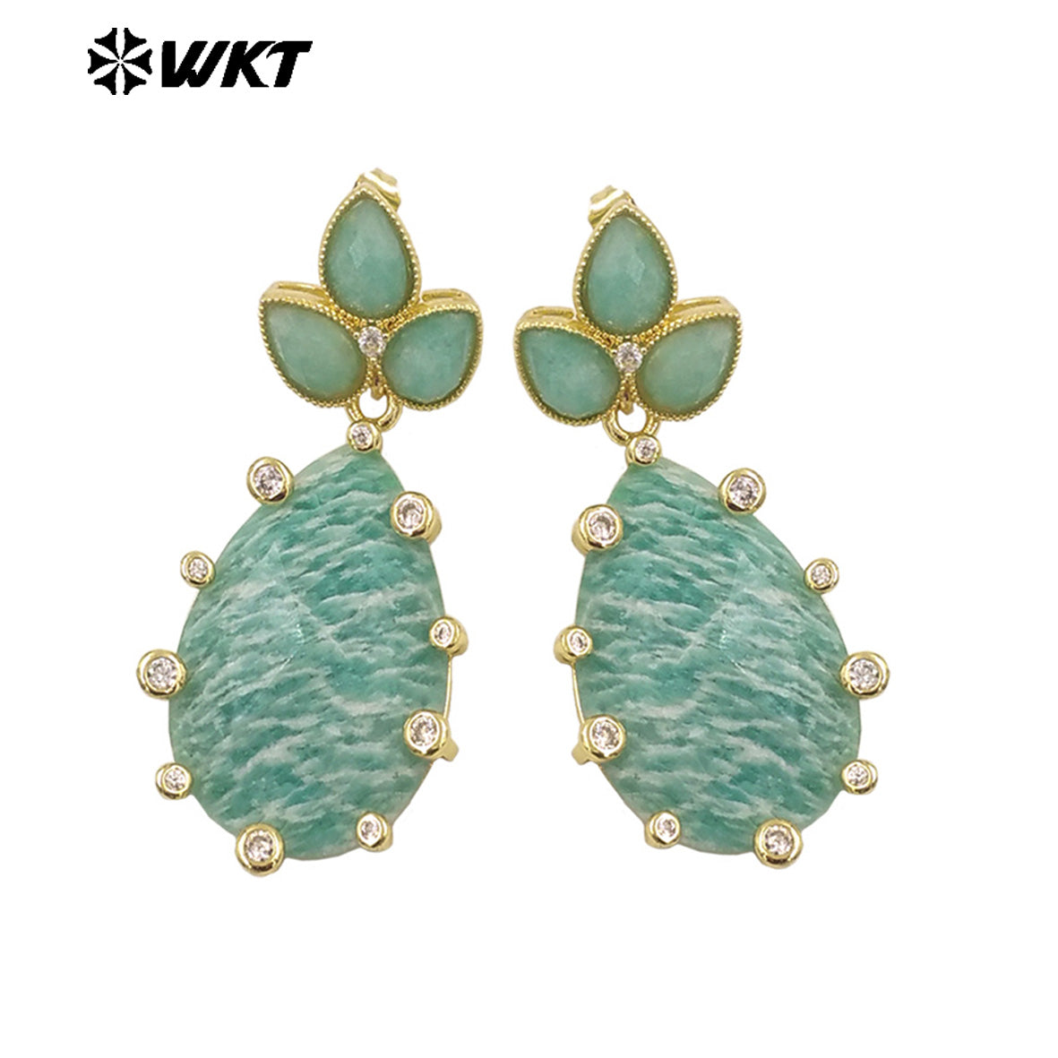 WT-E756 Gorgeous Precious Natural Amazonite Amethyst Gemstone Carved Long Teardrop Earrings With Zircon Around Trend Style