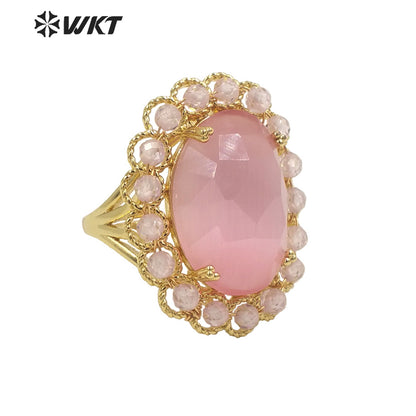 WT-R459 WKT Wholesale New Women 18k Gold Plated Resist Tarnishable Oval Cat Eye Stone Ring Charming Stone Beads Beauty Ring