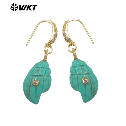 WT-E828 New Product Zircon And Various Natural Gemstones Conch Shape Gold Earrings For Girls Summer Beach Wearing Accessory