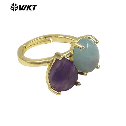 WT-R589 Classical Elegant Design Gold Electroplated Double Natural Gemstones Rings As Women Daily Matching Trendy Jewelry