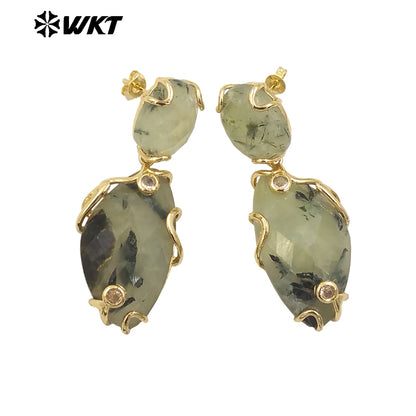 WT-E751 Wholesale New Gorgeous Precious Natural Gemstone Made With Claw Setting Amazonite Rose Quartz Dangle Stone Earrings