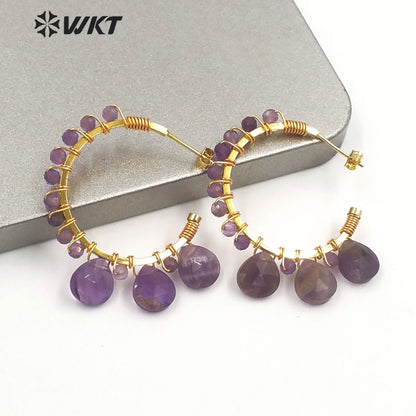 WT-E694 Wholesale Fashion Gold Plated C Shape Wire Wrapped Stone Earrings Attractive Teardrop Stone Crescent Moon Earrings