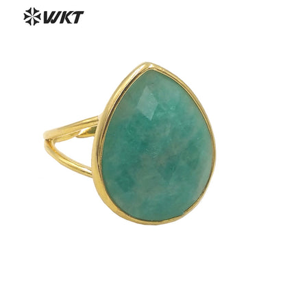 WT-R505 Gorgeous Big Drop Stone Amazonite Tiger Eye and Labradorite 18K Gold Plated Gemstone Women Birthday Ring