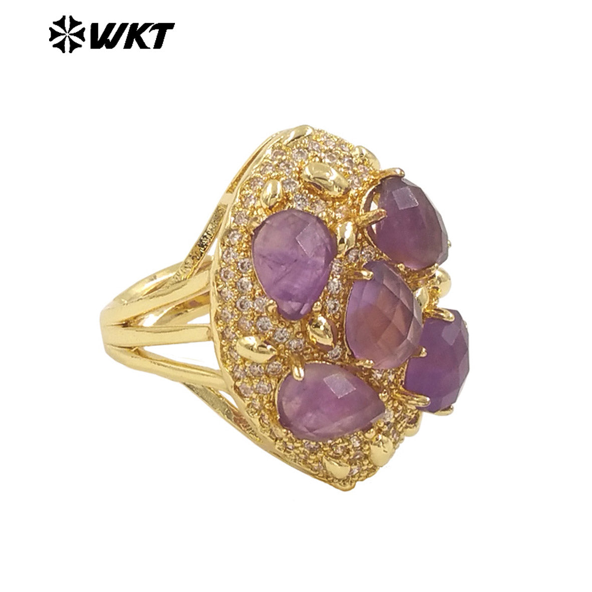 WT-R543 Wholesale Fashion Gold Plated Micropave Zircon Setting With Natural Faceted Gemstone Birthday Stone Ring for Women