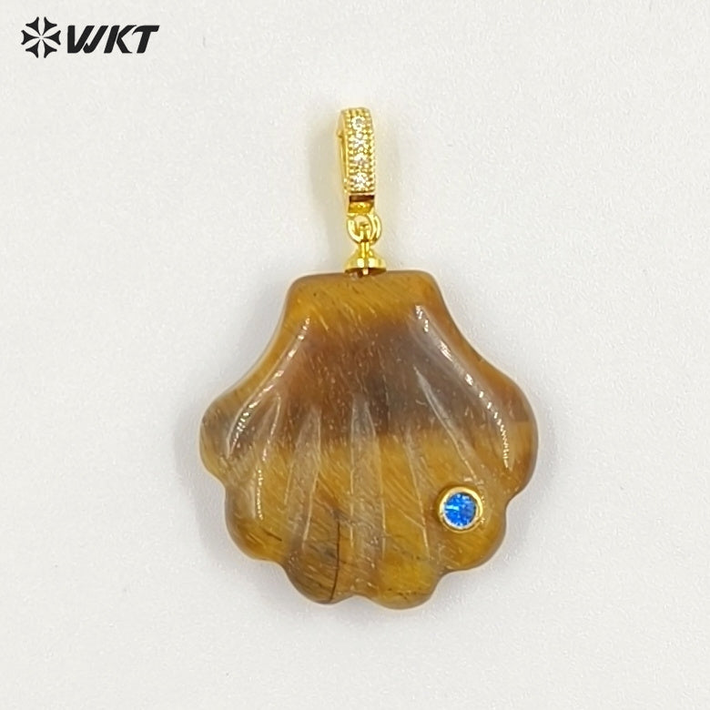 WT-P2097 Lovely Design Natural Gemstones And Colorful Zircon Hand Carved Shell Shape Little Pendants For Female Jewelry DIY