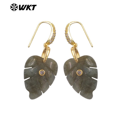 WT-E829 Wholesale Popular Zircon And Colorful Natural Gemstones Carved Leaf Shape Gold Earrings For Women Lovely Jewelry