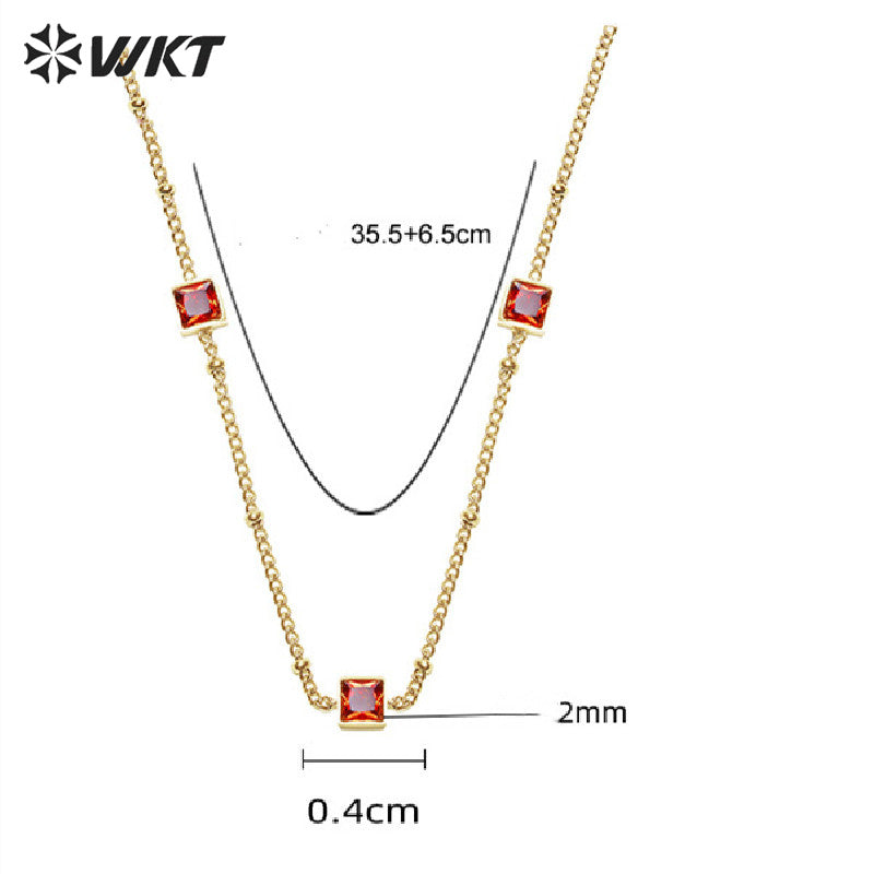 WT-REN035 French Elegant Necklace Square Combination Link Fine Versatile Color Zirconium Pendant Stainless Steel Necklace