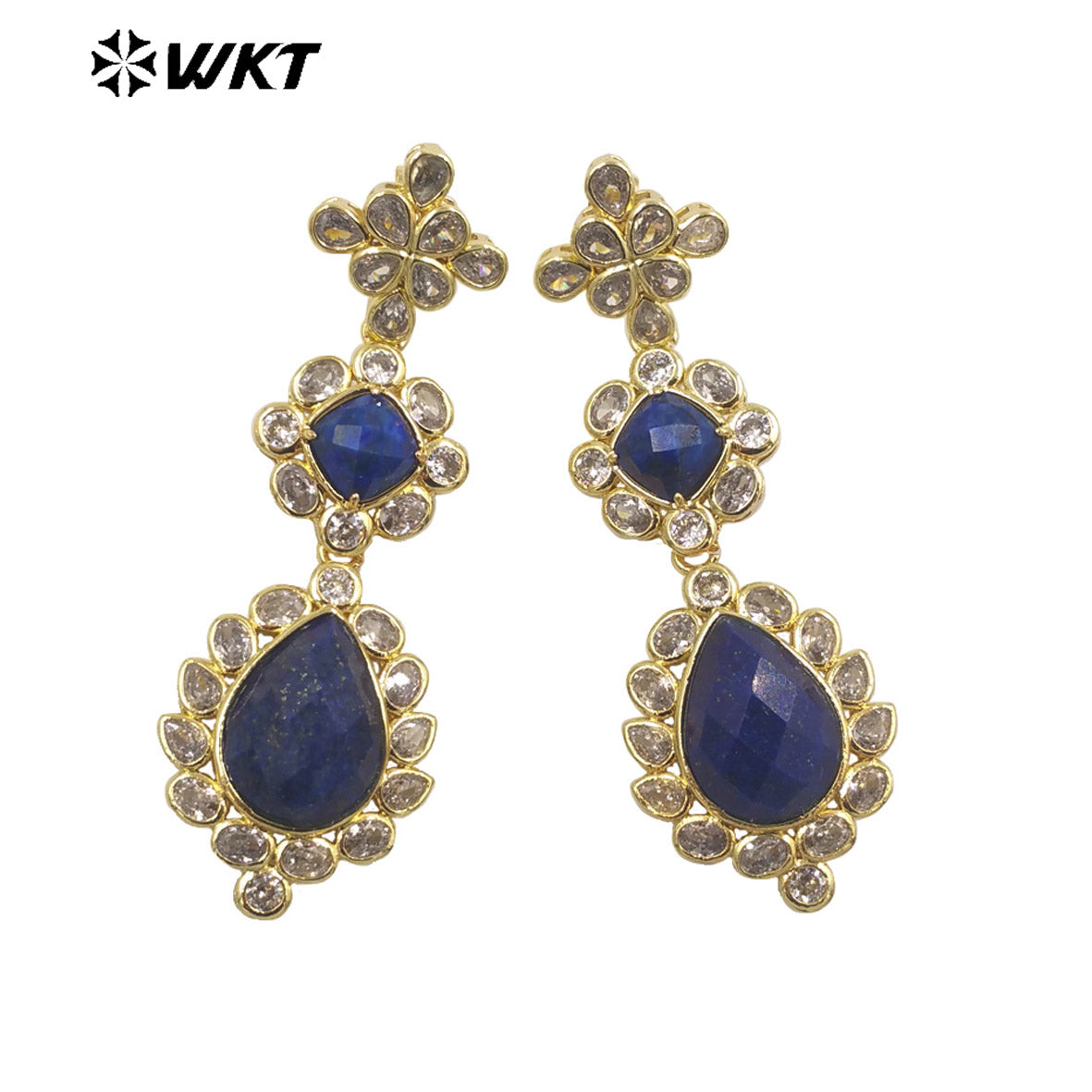WT-ME088 WKT New Design 18K Real Gold Plated Multi Kinds of Gemstone Earrings Natural Lapis Drop Long Stone Studs for Gift