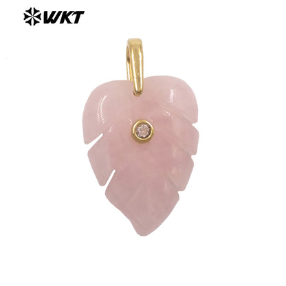 WT-P2141 Wonderful Zircon And Multi Colors Natural Gemstones Hand Carved Leaf Shape Gold Pendants For Lady Earrings DIY