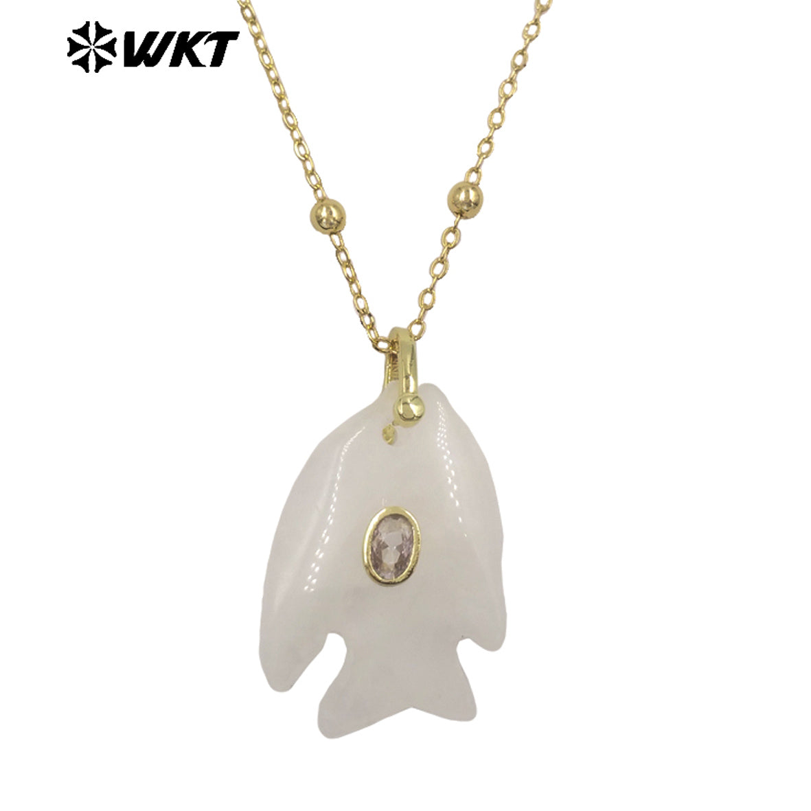 WT-N1511 Ocean Series Bead Chain And Zircon Setting In Natural Gemstones Fish Shape Pendant Necklace As Lady Trendy Matching