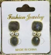WT-E811 Modern Style Gold Plated Double Zircons And Natural Gemstones Square Oval Shape Women Earrings For Mother‘s Day Gifts