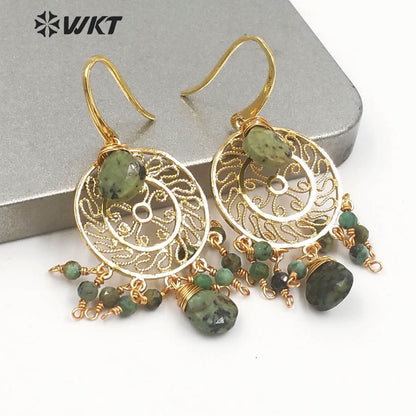 WT-E695 Bohemia Fashion Gold Gypsy Earrings with Natural Gemstone Made Dangle Earrings Handmade DIY Stone Hoop Earrings