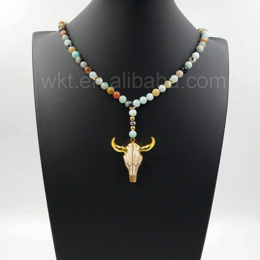 WT-N775 Natural 8mm Amazonite Beads Necklace,24k Gold Plated Resin Cattle Head Bull Horn Pendant Beaded Necklace