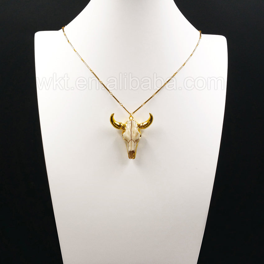 WT-N782 Newest Gold Plated Brass bar Chain Cattle Horn Necklace , Hot Resin Buffalo Cattle Horn Necklace
