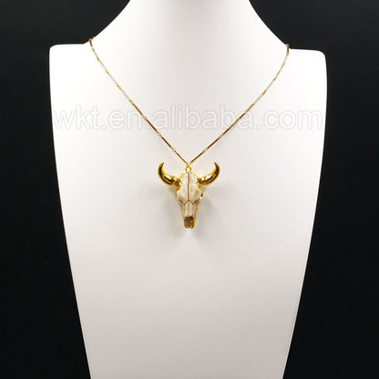 WT-N782 Newest Gold Plated Brass bar Chain Cattle Horn Necklace , Hot Resin Buffalo Cattle Horn Necklace