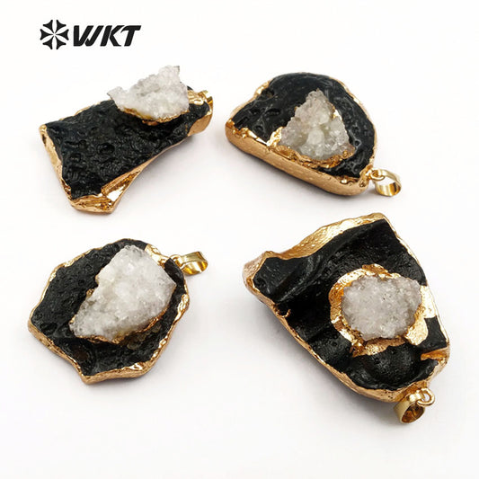 WT-P1389 Wholesale Fashion Design Custom Black Tektite With for Fashion Women Jewelry Making Druzy Quartz Unique Pendants