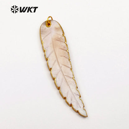 WT-JP044 Wholesale Custom New Feather Natural Shell Pendant With 24k Gold Trim Shell Mixed Color Leaf Necklace Pendant