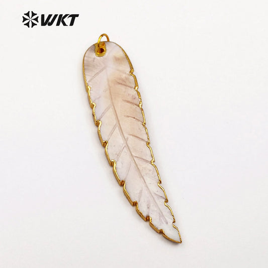 WT-JP044 Wholesale Custom New Feather Natural Shell Pendant With 24k Gold Trim Shell Mixed Color Leaf Necklace Pendant