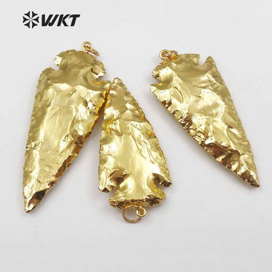 WT-P1376 Natural Stone Pendant Carved Arrowhead Stone Pendant with 24k Gold for Women Pendant